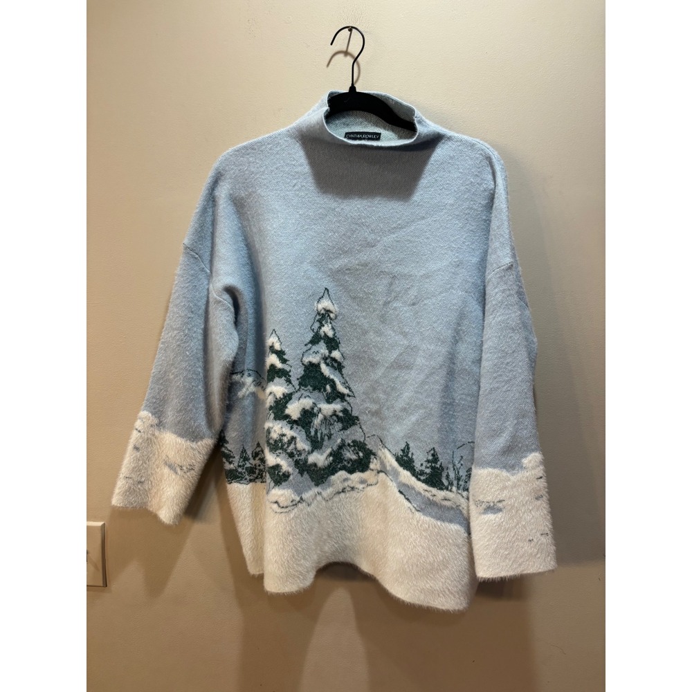 Cynthia Rowley Woman Winter Landscape Mock Neck Sweater Blue White‎ Plus 1X Soft